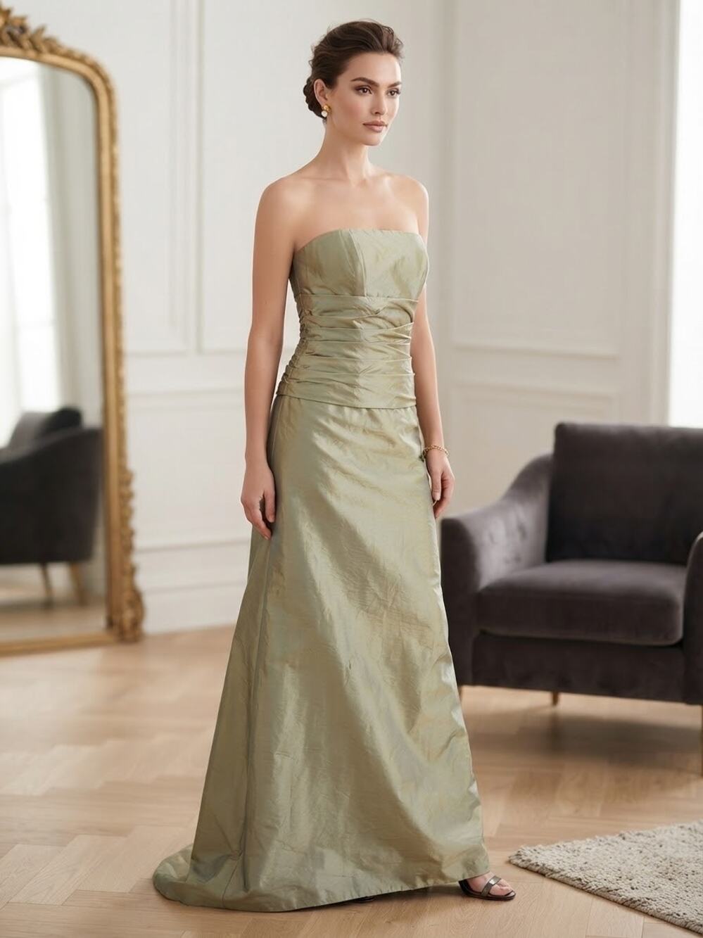 VTG AMSALE Gold Strapless Satin Gown Ruched Bodice Formal Evening Dress Sz 8 Y2K